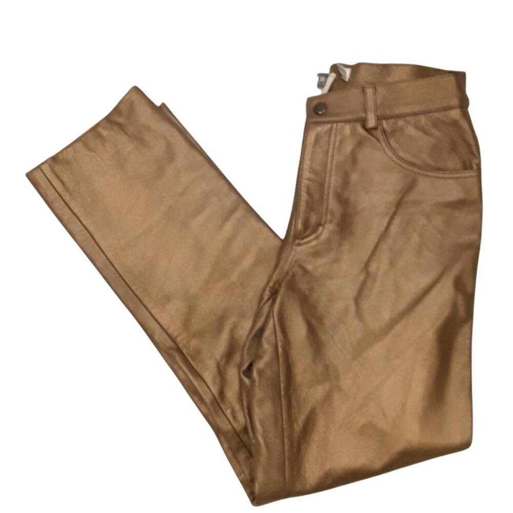 NWOT Sz 2 Vtg Genuine Leather Gold Straight Leg Jeans Pants New Old Stock